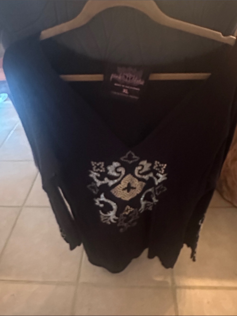 Pink Lotus Black Long-Sleeve V-Neck Top with Metallic Embroidered Motif